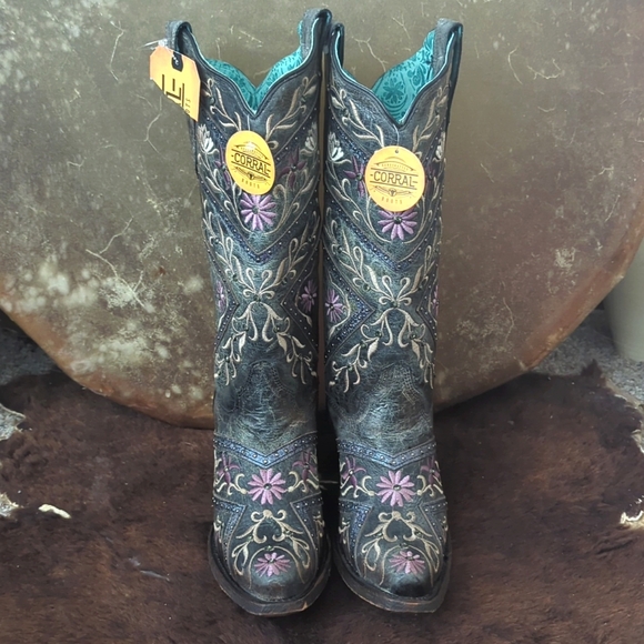 CORRAL E1482 distressed gray floral embroidered snip toe cowgirl boots sz8.5 NWT - Picture 8 of 16